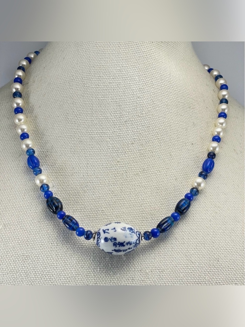 Artisan Handmade Crafted Blue Porcelain Lamp Work Glass Pearl Beaded Necklace